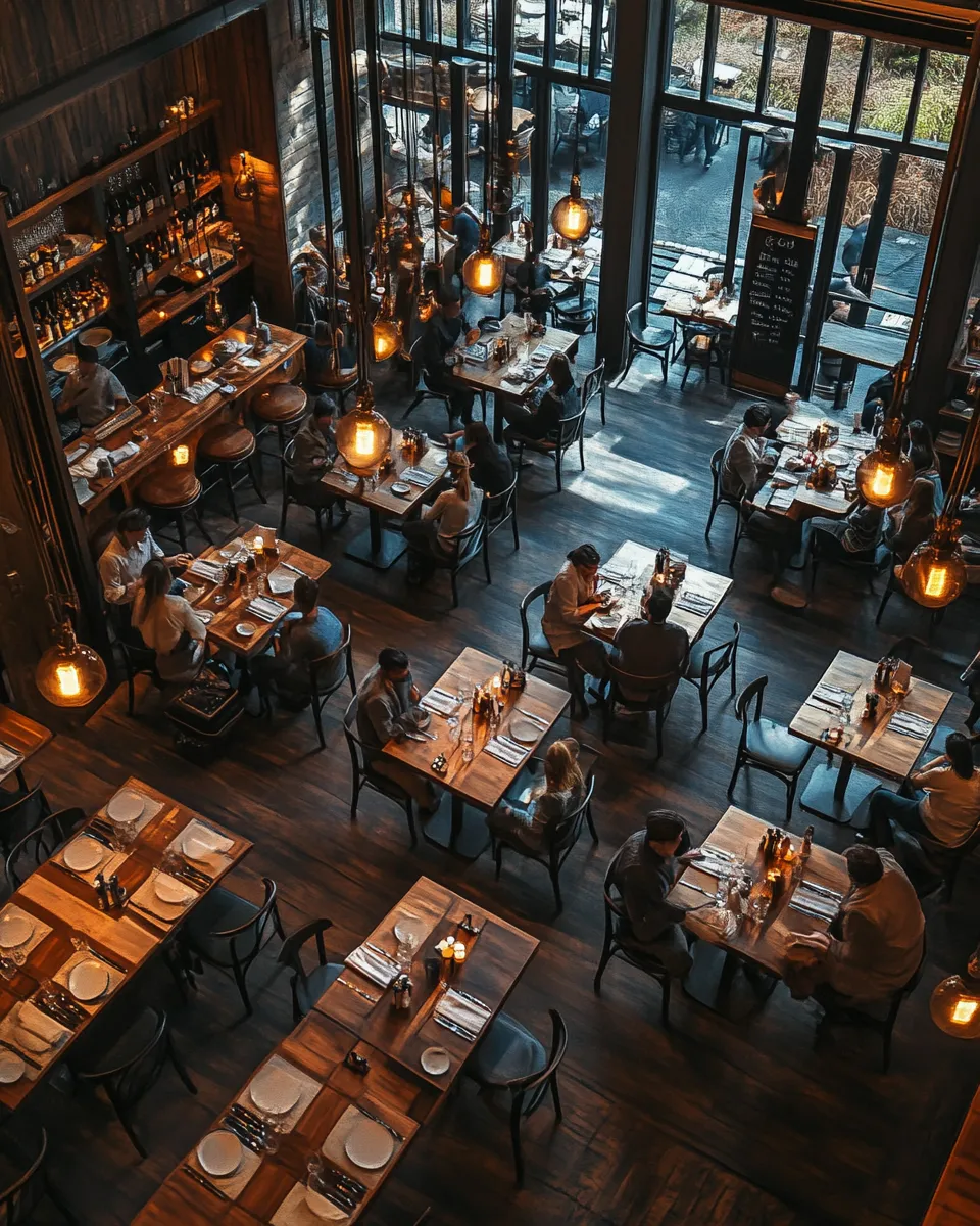 Overhead view of a restaurant with occupied and available tables illustrating scheduling management